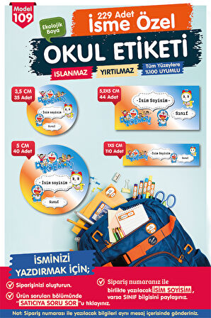 Okul Etiketi Doraemon Temalı Kalem Defter Etiketi Özel İsim Yazılabilen Etiket Seti - İsim Etiketi-T1022-OE109