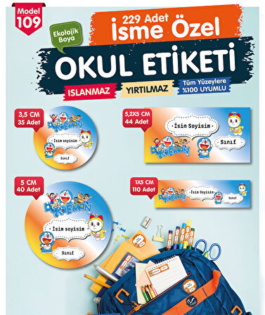 Okul Etiketi Doraemon Temalı Kalem Defter Etiketi Özel İsim Yazılabilen Etiket Seti - İsim Etiketi-T1022-OE109