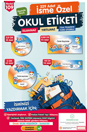 Okul Etiketi Doraemon Temalı Kalem Defter Etiketi Özel İsim Yazılabilen Etiket Seti - İsim Etiketi-T1022-OE109