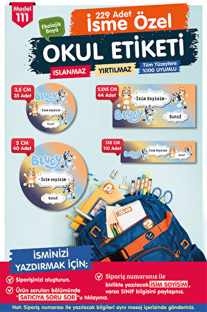 Okul Etiketi Bluey Temalı Kalem Defter Etiketi Özel İsim Yazılabilen Etiket Seti - İsim Etiketi-T1024-OE111