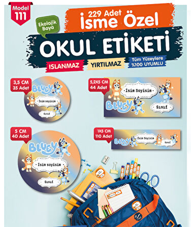 Okul Etiketi Bluey Temalı Kalem Defter Etiketi Özel İsim Yazılabilen Etiket Seti - İsim Etiketi-T1024-OE111