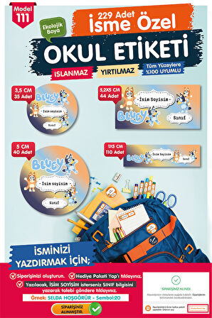 Okul Etiketi Bluey Temalı Kalem Defter Etiketi Özel İsim Yazılabilen Etiket Seti - İsim Etiketi-T1024-OE111