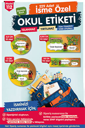 Okul Etiketi Ninja Turtles Temalı Kalem Defter Etiketi Özel İsim Yazılabilen Etiket Seti - İsim Etiketi-T1025-OE112