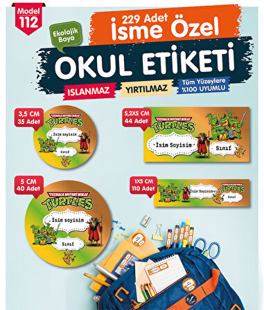 Okul Etiketi Ninja Turtles Temalı Kalem Defter Etiketi Özel İsim Yazılabilen Etiket Seti - İsim Etiketi-T1025-OE112