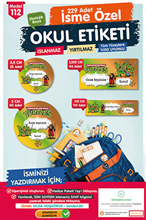 Okul Etiketi Ninja Turtles Temalı Kalem Defter Etiketi Özel İsim Yazılabilen Etiket Seti - İsim Etiketi-T1025-OE112