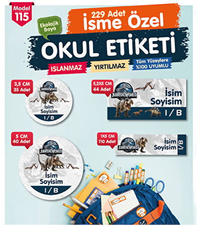 Okul Etiketi Jurrasic World Temalı Kalem Defter Etiketi Özel İsim Yazılabilen Etiket Seti - İsim Etiketi-T1033-OE115