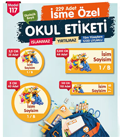 Okul Etiketi Winidi Pooh Temalı Kalem Defter Etiketi Özel İsim Yazılabilen Etiket Seti - İsim Etiketi-T1035-OE117