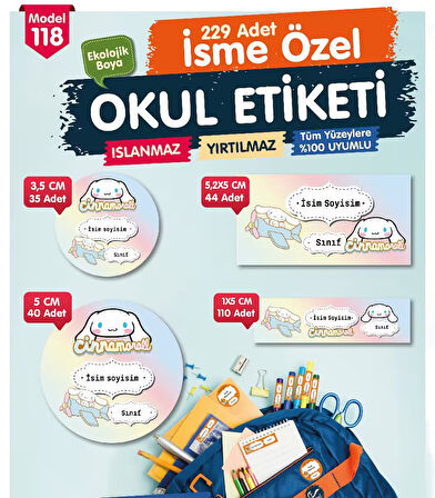 Okul Etiketi  Cinnamoroll Temalı Kalem Defter Etiketi Özel İsim Yazılabilen Etiket Seti - İsim Etiketi-T1036-OE118