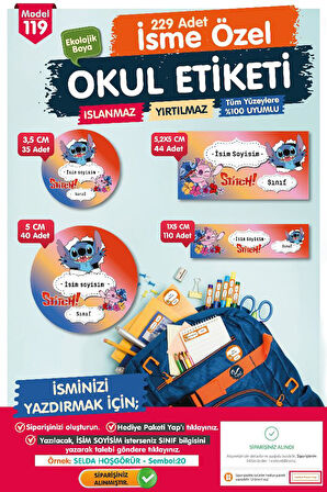 Okul Etiketi  Stitch Temalı Kalem Defter Etiketi Özel İsim Yazılabilen Etiket Seti - İsim Etiketi-T1037-OE119