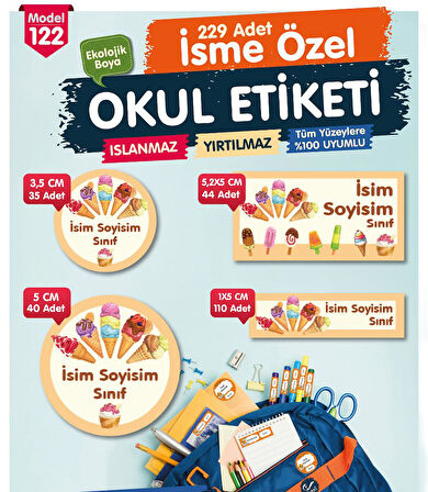 Okul Etiketi  İcecream Temalı Kalem Defter Etiketi Özel İsim Yazılabilen Etiket Seti - İsim Etiketi-T1044-OE122