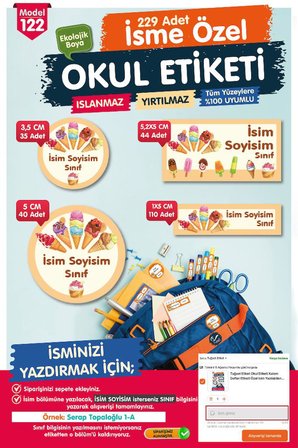 Okul Etiketi  İcecream Temalı Kalem Defter Etiketi Özel İsim Yazılabilen Etiket Seti - İsim Etiketi-T1044-OE122