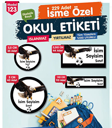 Okul Etiketi Kartal Temalı Siyah Beyaz Kalem Defter Etiketi Özel İsim Yazılabilen Etiket Seti - İsim Etiketi-T1045-OE123