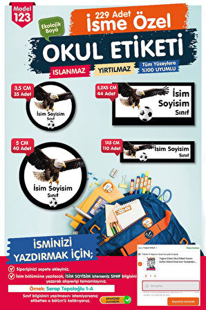 Okul Etiketi Kartal Temalı Siyah Beyaz Kalem Defter Etiketi Özel İsim Yazılabilen Etiket Seti - İsim Etiketi-T1045-OE123