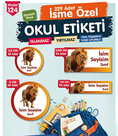 Okul Etiketi Aslan Temalı Sarı Kırmzı Kalem Defter Etiketi Özel İsim Yazılabilen Etiket Seti - İsim Etiketi-T1046-OE124