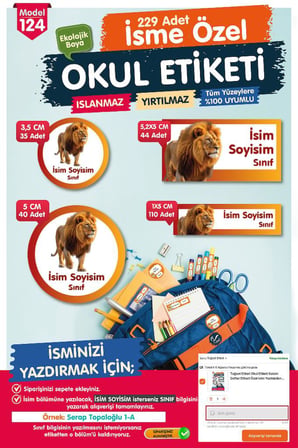 Okul Etiketi Aslan Temalı Sarı Kırmzı Kalem Defter Etiketi Özel İsim Yazılabilen Etiket Seti - İsim Etiketi-T1046-OE124