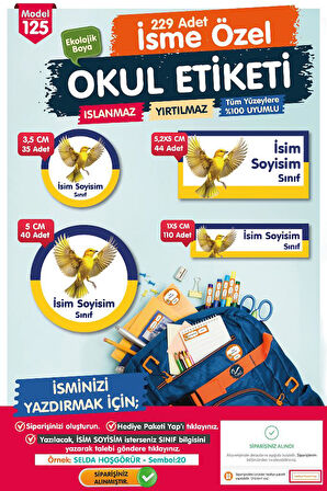 Okul Etiketi Sarı Lacivert Kalem Defter Etiketi Özel İsim Yazılabilen Etiket Seti - İsim Etiketi-T1047-OE125