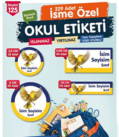 Okul Etiketi Sarı Lacivert Kalem Defter Etiketi Özel İsim Yazılabilen Etiket Seti - İsim Etiketi-T1047-OE125