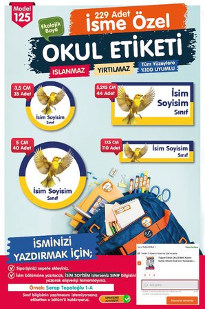 Okul Etiketi Sarı Lacivert Kalem Defter Etiketi Özel İsim Yazılabilen Etiket Seti - İsim Etiketi-T1047-OE125