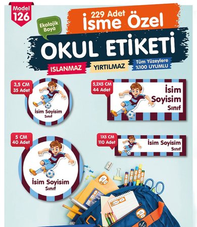 Okul Etiketi Bordo Mavi Kalem Defter Etiketi Özel İsim Yazılabilen Etiket Seti - İsim Etiketi-T1048-OE126