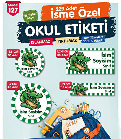 Okul Etiketi Yeşil Beyaz Timsah Temalı Kalem Defter Etiketi Özel İsim Yazılabilen Etiket Seti - İsim Etiketi-T1049-OE127