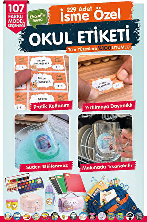 Okul Etiketi Pudra beyaz Çerçeve  Temalı Kalem Defter Etiketi Özel İsim Yazılabilen Etiket Seti - İsim Etiketi-T1050-OE128