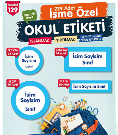 Okul Etiketi Mavi  beyaz Çerçeve  Temalı Kalem Defter Etiketi Özel İsim Yazılabilen Etiket Seti - İsim Etiketi-T1051-OE129