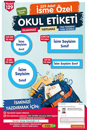 Okul Etiketi Mavi  beyaz Çerçeve  Temalı Kalem Defter Etiketi Özel İsim Yazılabilen Etiket Seti - İsim Etiketi-T1051-OE129