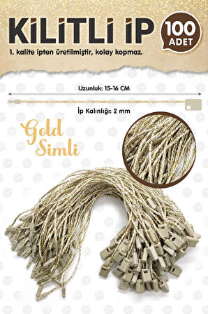 Kilitli İp Renkli Asmalı Etiket Bağlama İpi Lock String Tag Rope 100 Adet Gold Simli-T1073