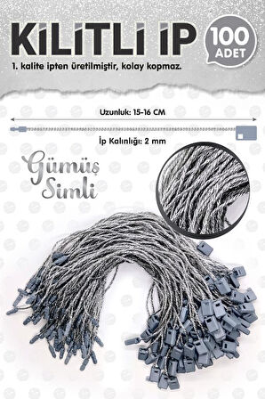 Kilitli İp Renkli Asmalı Etiket Bağlama İpi Lock String Tag Rope 100 Adet Gümüş Simli-T1074