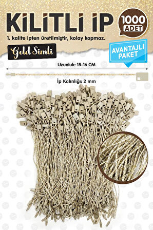 Kilitli İp Renkli Asmalı Etiket Bağlama İpi Lock String Tag Rope 1000 Adet Gold Simli-T1075