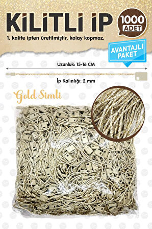 Kilitli İp Renkli Asmalı Etiket Bağlama İpi Lock String Tag Rope 1000 Adet Gold Simli-T1075