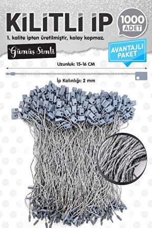 Kilitli İp Renkli Asmalı Etiket Bağlama İpi Lock String Tag Rope 1000 Adet Gümüş Simli-T1076