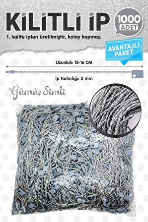 Kilitli İp Renkli Asmalı Etiket Bağlama İpi Lock String Tag Rope 1000 Adet Gümüş Simli-T1076
