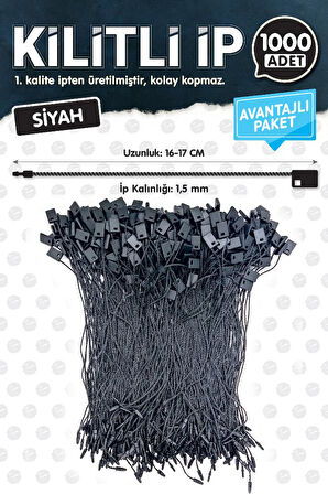 Kilitli İp Renkli Asmalı Etiket Bağlama İpi Lock String Tag Rope 1000 Adet Siyah-T1078