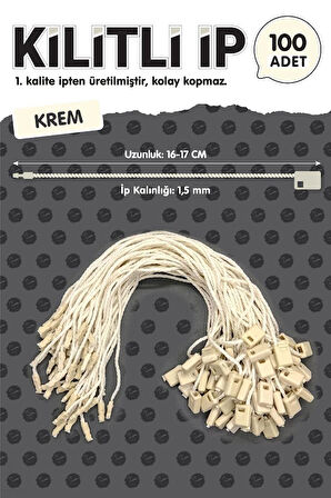 Kilitli İp Renkli Asmalı Etiket Bağlama İpi Lock String Tag Rope 100 Adet Krem-T1084
