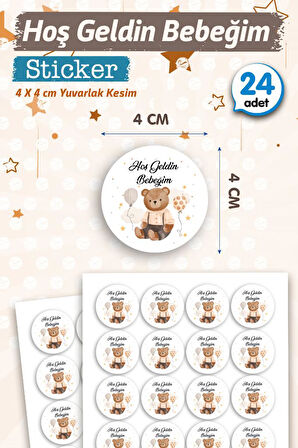 Hoş geldin Bebeğim Etiket Yuvarlak 4cm (Erkek) 24 Adet Bebek- Yenidoğan  Hediyelik - Çikolata Etiketi Sticker - T1128