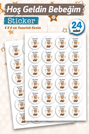 Hoş geldin Bebeğim Etiket Yuvarlak 4cm (Erkek) 24 Adet Bebek- Yenidoğan  Hediyelik - Çikolata Etiketi Sticker - T1128