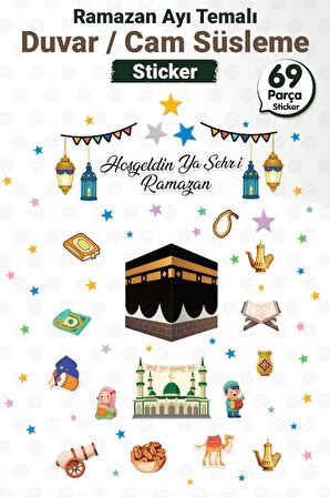 Ramazan Ayı Temalı Süsleme, Kabe Ve Ramazan Figürleri Cam Duvar Sticker Seti-T1163