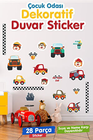 Çocuk Odası Duvar Sticker Seti Doğada Araba İtfaiye Taksi Yarış  Temalı-T1179