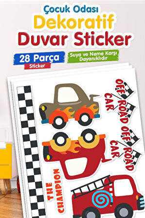 Çocuk Odası Duvar Sticker Seti Doğada Araba İtfaiye Taksi Yarış  Temalı-T1179