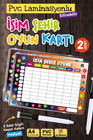 İsim Şehir Oyunu  Hayvan Bitki Eşya 2 ' li  Set Yaz Sil Pvc Kaplı-Kalem Hediyeli-T1214