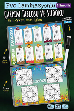 Kalemli A4 çarpım tablosu Sudoku  A4 Yaz Sil Pvc Kaplı-Kalem Hediyeli-T1465