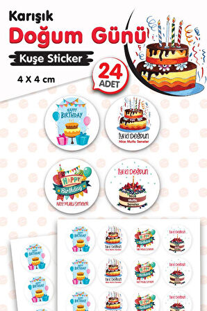 Karışık Doğum Günü Sticker Etiket 4 cm 24 Adet Happy Birthday,Nice Mutlu Seneler, İyi Ki Doğdun -T1468