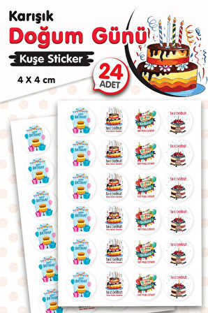 Karışık Doğum Günü Sticker Etiket 4 cm 24 Adet Happy Birthday,Nice Mutlu Seneler, İyi Ki Doğdun -T1468