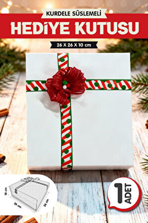 Yılbaşı Temalı Kurdele Süslemeli Beyaz 25x25x10 cm Boş Hediye Kutusu 1Adet,Yılbaşı Hediye Kutusu-T1491