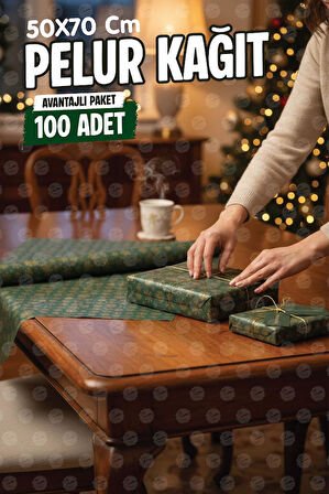 Yılbaşı Kar Tanesi  Desenli  Yeşil Gold Pelur Kağıt , Kırmızı Yılbaşı Hediye Paketi, Pelur Kağıdı, 100 Adet-T1513
