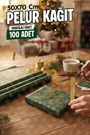 Yılbaşı Kar Tanesi  Desenli  Yeşil Gold Pelur Kağıt , Kırmızı Yılbaşı Hediye Paketi, Pelur Kağıdı, 100 Adet-T1513