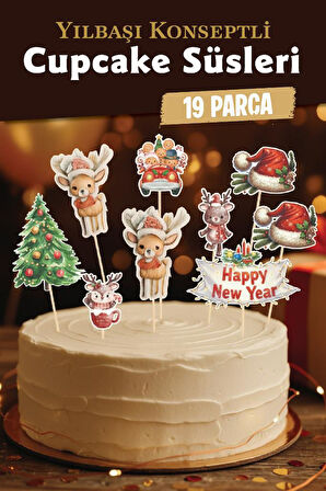 Yılbaşı Yeni Yıl Kış Temalı Cupcake Süsü Kürdan Süsleri Lüks Büyük Boy 19 lu Paket Pasta-T1519