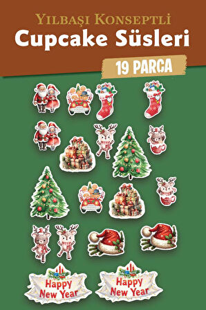Yılbaşı Yeni Yıl Kış Temalı Cupcake Süsü Kürdan Süsleri Lüks Büyük Boy 19 lu Paket Pasta-T1519