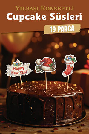 Yılbaşı Yeni Yıl Kış Temalı Cupcake Süsü Kürdan Süsleri Lüks Büyük Boy 19 lu Paket Pasta-T1519